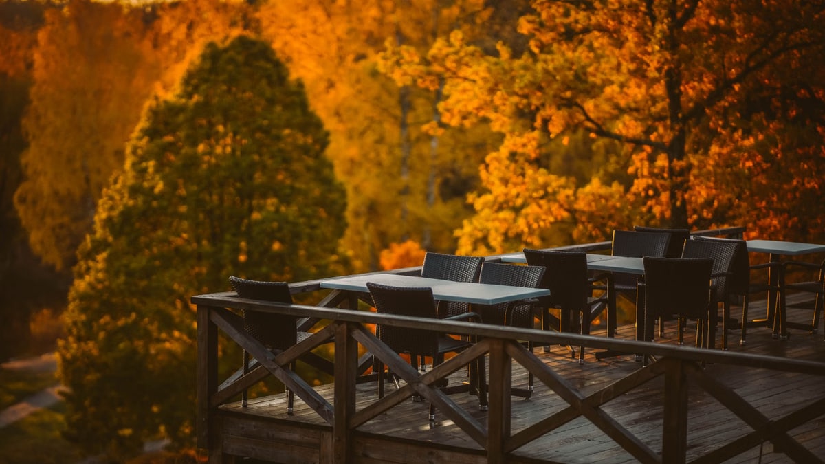 Scenic deck overlooking vibrant autumn foliage in Solna, Stockholm County.